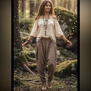 Pretty Angel hippie Pant Women Pull On Tapered Linen Artsy Boho Lace Whimsy M